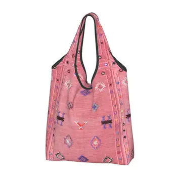 Многоразовая Розовая хозяйственная сумка в традиционном марокканском стиле в восточном стиле, женская сумка-тоут, сумки для покупок в богемном этническом цветочном стиле.