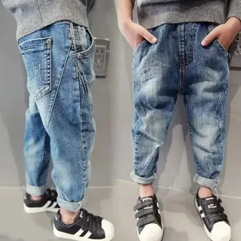 Модные джинсы для мальчиков, осенние синие повседневные брюки для мальчиков-подростков, брюки с дырками, джинсовые брюки для маленьких мальчиков, детская одежда
