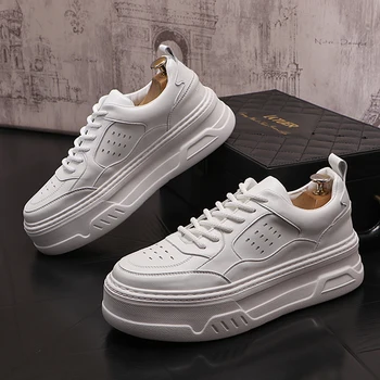 Мужская повседневная белая обувь в корейском стиле, дышащая оригинальная кожаная обувь на плоской подошве, брендовые дизайнерские кроссовки на платформе, обувь в стиле панк-рок