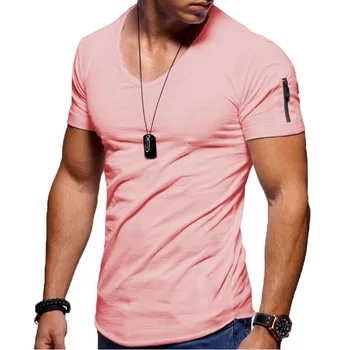 Мужская футболка, однотонный карман на молнии, V-образный вырез, Футболка с коротким рукавом, облегающая футболка большого размера, стильный топ, лето 2021