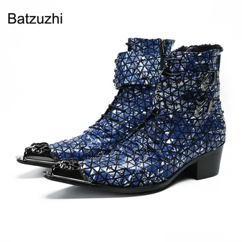 Мужские ботинки Batzuzhi на каблуке 6,5 см, Синие Ботильоны Из натуральной кожи С железным носком, Мужские Ботинки на молнии и пряжках в стиле панк-рок для Мужчин, Вечерние, свадебные