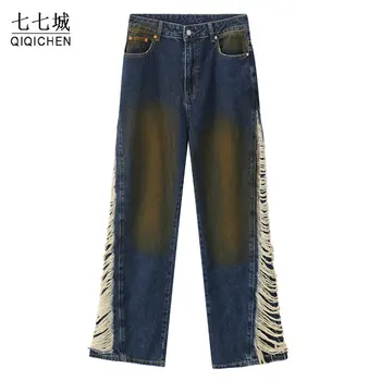 Мужские винтажные джинсы, темно-синие джинсовые брюки с отверстием для стирки, с отверстием для воды, с прямыми широкими штанинами, Уличная одежда Унисекс Весна