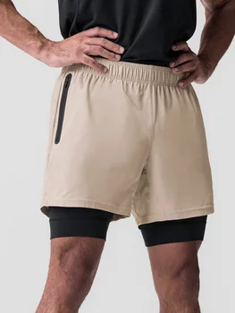 Мужские шорты с перекрестной каймой, новые мужские спортивные двухслойные шорты с бесшовной эластичной подкладкой, дышащие брюки для фитнеса 2-в-1 большого размера