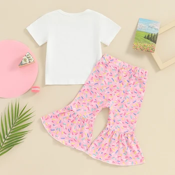 Наряды на день рождения для маленькой девочки из 2 предметов, футболка с коротким рукавом и буквенным принтом в виде пончика, расклешенные штаны, комплект одежды для малышей