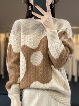 Новый шикарный женский зимний свитер, толстый винтажный пуловер из 100% мериносовой шерсти, кашемировый трикотаж с круглым вырезом и цветочным узором, Корейские модные топы