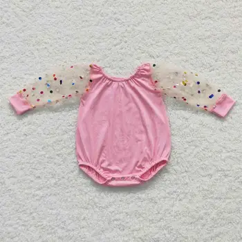 Оптовая Продажа, Детский комбинезон с пузырями Для новорожденных, Розовый комбинезон из тюля с длинным рукавом, хлопковая одежда для маленьких девочек, цельная одежда для маленьких девочек