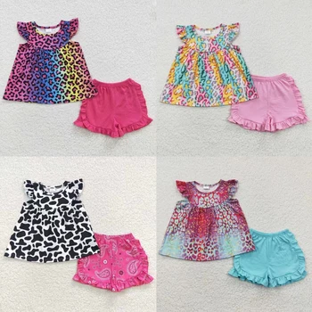 Оптовая Продажа Летняя Леопардовая одежда для маленьких девочек, Туника с короткими рукавами, Топ, шорты с оборками, детский красочный комплект хлопковой одежды для младенцев