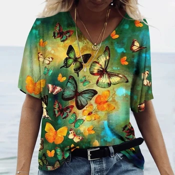 Освежающая летняя модная женская одежда, красивая футболка с рисунком бабочки, спортивный повседневный топ с короткими рукавами и V-образным вырезом и 3d-принтом