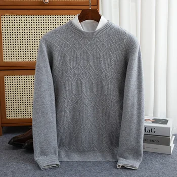 Осенне-зимний кашемировый свитер, Мужской круглый вырез, Однотонный утолщенный свитер, Свободный Повседневный Деловой пуловер из натуральной шерсти