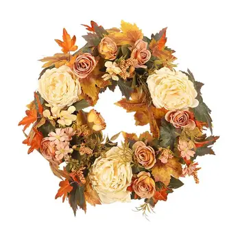 Осенние венки для входной двери, настенный венок из листьев клена и пиона, осенняя гирлянда из ненатуральных сезонных цветов для домашнего декора