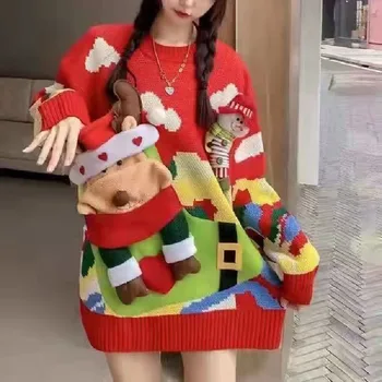 Осенний Рождественский Свитер, женский топ с длинным рукавом, тяжелая промышленность, корейская мода Средней длины, Красные свитера, зимняя одежда, женская