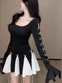 Осенняя повязка 2024, Черное Мини-платье с расклешенным рукавом, черное мини-платье Y2K, Эстетическая мода, женские Винтажные Ретро-банты, сексуальные Короткие вечерние платья