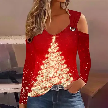 Осень-зима, новая женская футболка с длинным рукавом, футболка с металлической пряжкой, топ с принтом Рождественской елки, женская повседневная футболка, красные рубашки, топы
