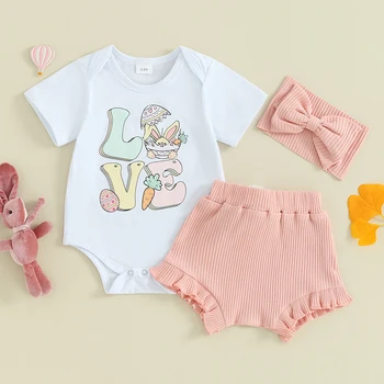 Пасхальный наряд для маленьких девочек, Летняя одежда для новорожденных, Шорты с кроликом, повязка на голову, комплект из 3 шт., комбинезон для малышей