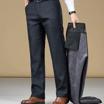 Плотные теплые повседневные брюки для мужчин среднего возраста с флисовой подкладкой, свободные деловые брюки с прямыми штанинами, длинные брюки для папы Pantalon Homme R64