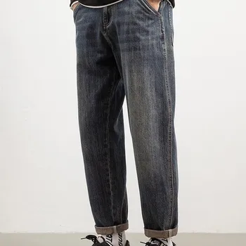 Ретро Однотонные джинсы Мужские Свободные Повседневные Модные Прямые уличные Молодежные джинсовые брюки Брюки в корейском стиле Мужские 2023 E77
