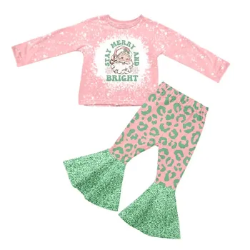 Рождественская Детская одежда для девочек с рождественским принтом и длинными рукавами и расклешенными брюками, бутик одежды из 3 предметов для маленьких девочек