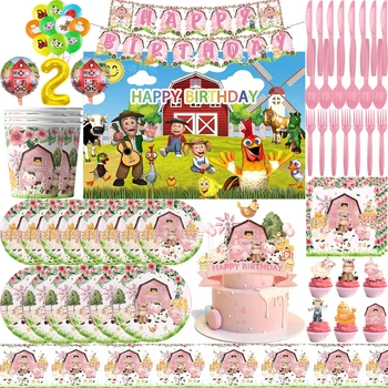 Розовые комплекты с животными на тему фермы, украшения для дня рождения, Одноразовая посуда, Бумажная тарелка, набор салфеток для вечеринки в честь дня рождения ребенка