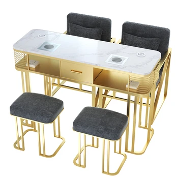Роскошные столы для маникюра из золотистого железа с пылесосом, маникюрные столы для салонной мебели Nordic, стол для маникюра с двумя ногтями