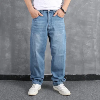 Светло-голубые джинсы большого размера с широкими штанинами Мужские Свободные повседневные джинсовые брюки стрейч для танцев, скейтборд в стиле хип-хоп, мешковатые джинсы оверсайз