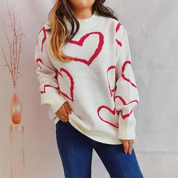 Свитер с рисунком любви на День Святого Валентина 2024, круглый вырез, длинный рукав, осенне-зимний утолщенный вязаный пуловер для женщин