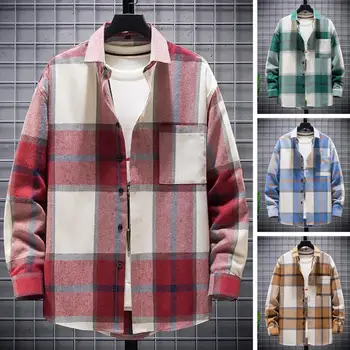 Свободное пальто-рубашка Модное мужское пальто-рубашка в клетку, уютный уличный стиль свободного кроя для осени-зимы, однотонный воротник с лацканами