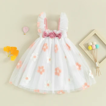Тюлевое платье для маленьких девочек, детское платье-пачка трапециевидной формы, сетчатое платье с цветочной вышивкой, многослойное тюлевое платье с оборками и бантом из блесток