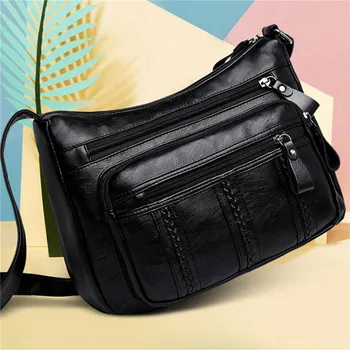Черная многослойная женская сумка большой вместимости, практичная сумка на одно плечо, сумки-мессенджеры большой вместимости.