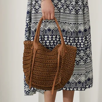Элегантная женская сумочка из соломенной ткани, женская праздничная пляжная повседневная сумка-тоут с верхней ручкой, модные сумки через плечо в стиле ретро, кошелек для покупок