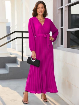 Элегантное шикарное длинное платье, свободные удобные Макси-платья с длинными рукавами и V-образным вырезом для женщин 2023, повседневное винтажное Ярко-розовое платье